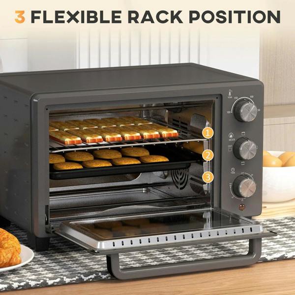 Grey mini countertop oven with open door showing multiple cooking racks and baking trays