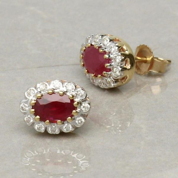 Christopher James of London 9ct Yellow Gold 1.2ct Oval Ruby & Diamond Cluster Earrings
