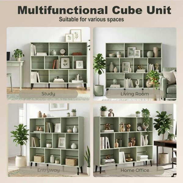 10-Cube Bookcase, 3-Tier Book Shelf with Solid Wood Legs, 140 cm Modern Bookshelf with Anti-Tip Kit, Light Green