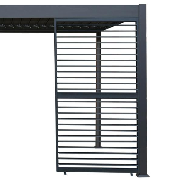 Anthracite aluminum pergola shutter panel featuring horizontal slats, sleek design, and durable finish, measuring 123cm wide