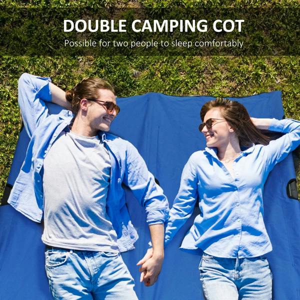 Blue double camping cot bed in use with two people resting on the mattress.