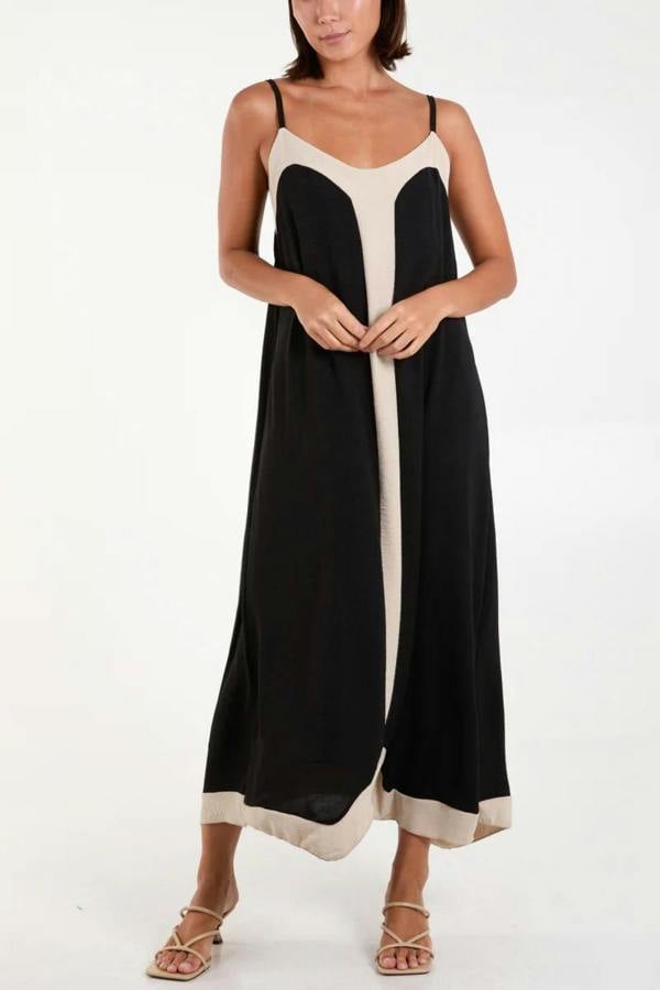 Hoxton Gal Relaxed Fit Cami Midi Dress in Beige and Black
