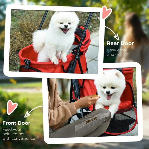 Red dog stroller with front and rear zip doors for easy pet entry and exit