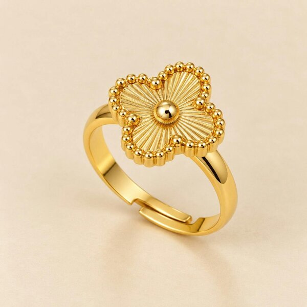 The Colourful Aura Gold Tone Four Leaf Clover Adjustable Ring, Black, White or Gold - Gold