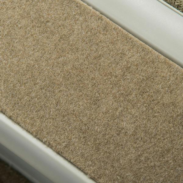 Close-up of a grey pet stairs step with textured non-slip mat tread