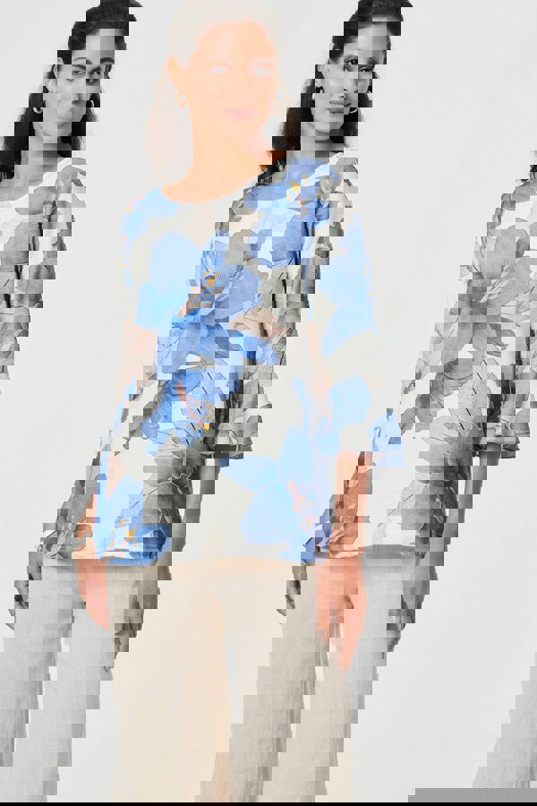 Blue | Floral 3/4 Flared Sleeve Relaxed Blouse
