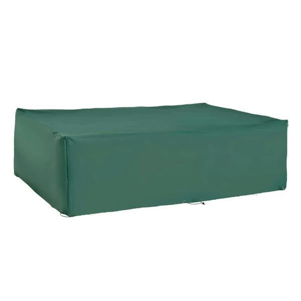 Dark green rectangular outdoor furniture cover with corner seams and fitted edges