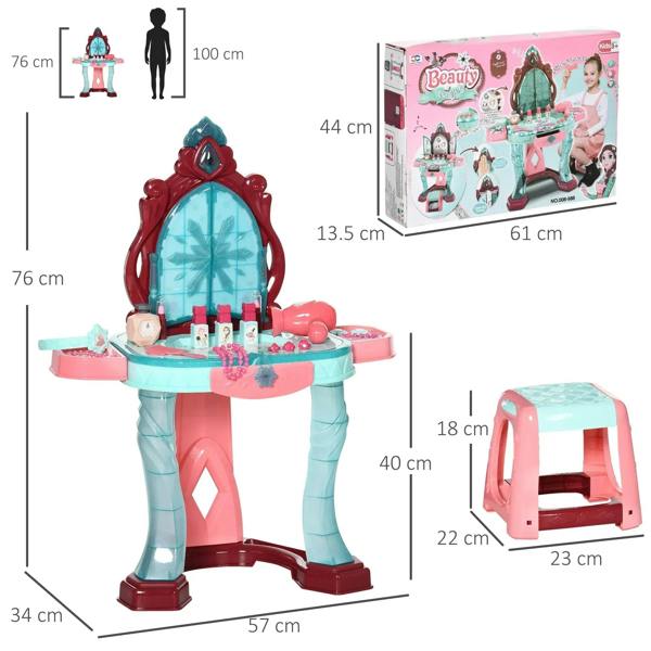 Kids dressing vanity set with tall pink and blue legs, princess mirror and matching stool