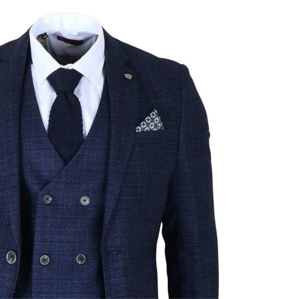 Robert Simon Luis - Men's Blue Plaid Check Slim Fit 3 Piece Suit