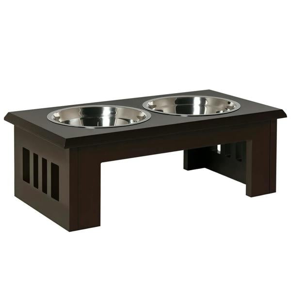 Brown raised dog feeding stand with two stainless steel bowls and vented side panels