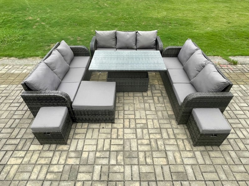 Fimous Dark Grey Mixed Rattan Outdoor Lounge Set - Height Adjustable Lifting Table, Big Footstool & 2 Small Footstools