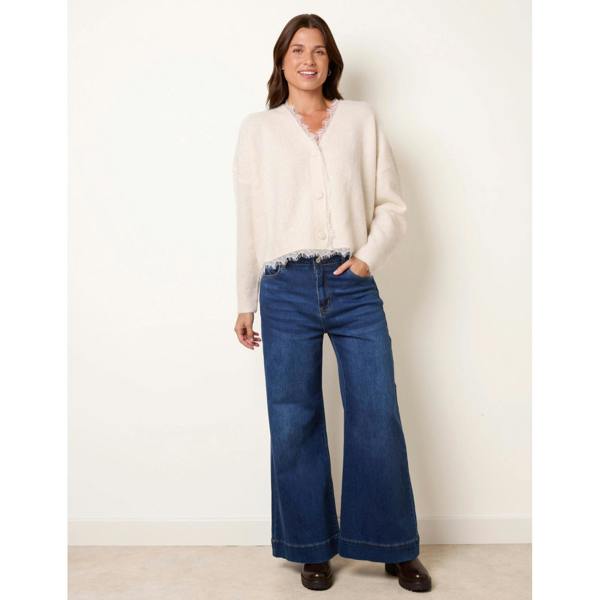 Blue Vanilla Lace Trim V Neck Knitted Cardigan