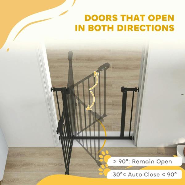 Black safety gate in doorway with open-in-both-directions swing indicator.