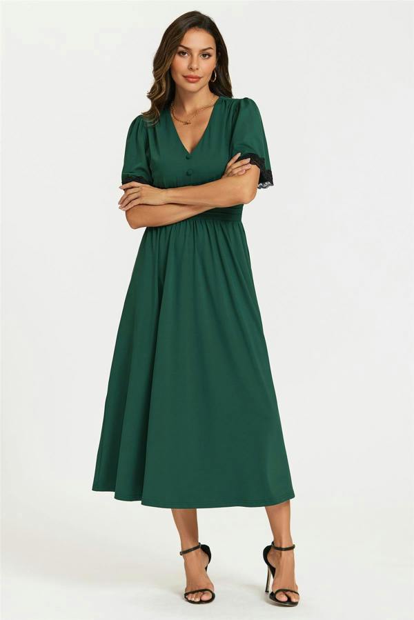 FS Collection Lace Trim Jersey Midi Dress In Green