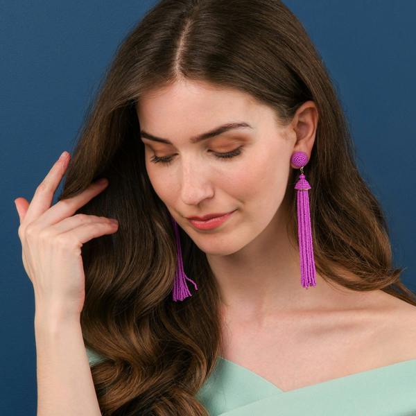 Zavana Long Purple Beaded Tassel Earrings for Women