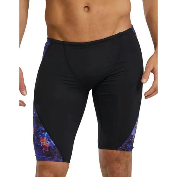 Purple orange TYR Montipora Durafast Elite swim jammer with galaxy print