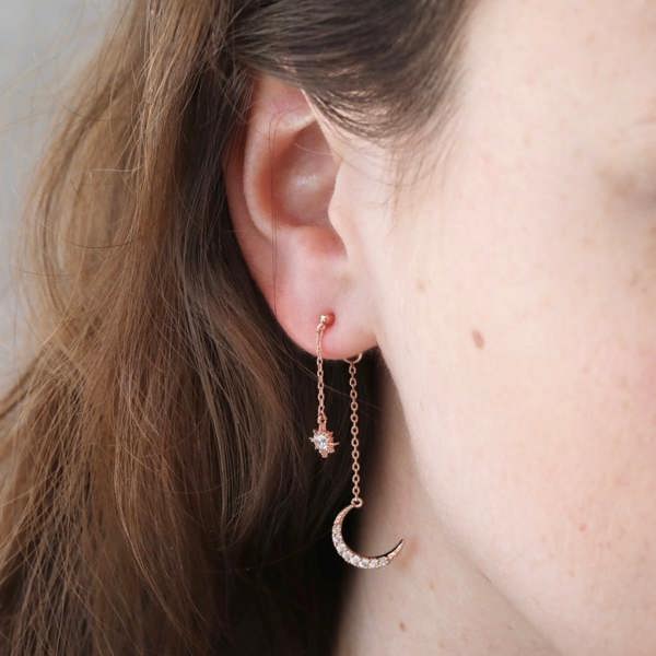 Rose Gold Crystal Star And Moon Double Drop Earrings - lifestyle shot