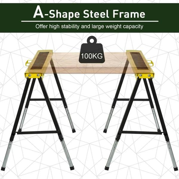 Two A-frame steel sawhorse trestle stands with adjustable height supports