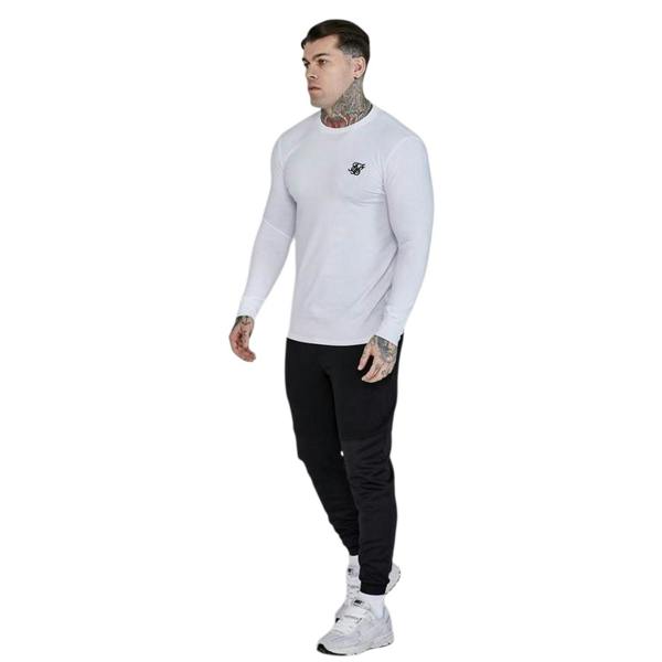 SikSilk Mens Embroidered Logo Fitted Long-Sleeved T-Shirt - White - 