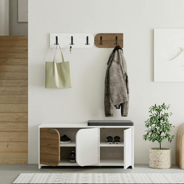Decortie Modern Moni Shoe Cabinet 3-Door Storage Cabinet with 5-Hook Organiser Set Fabric Seat