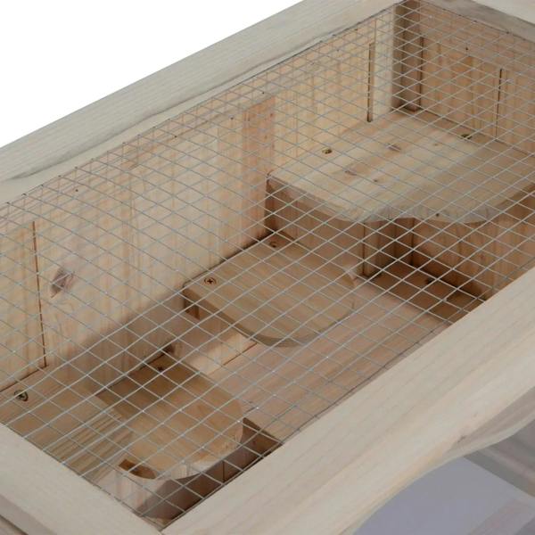 Natural wood hamster cage base with wire mesh floor and supporting rails