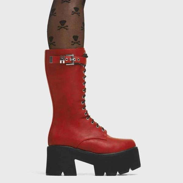Lamoda Iconic Women’s Chunky Platform Calf Boots Dark Red PU Bold Fashion