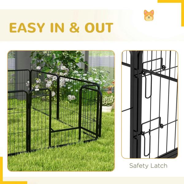 Black steel dog playpen with safety latch and open side gate for easy access.