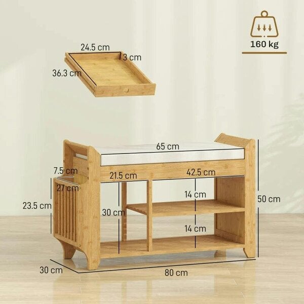 Shoe Bench 2-Tier Boot Section Entryway Storage Bench Cushioned Seat 80 x 30 x 50 cm Natural and Cream
