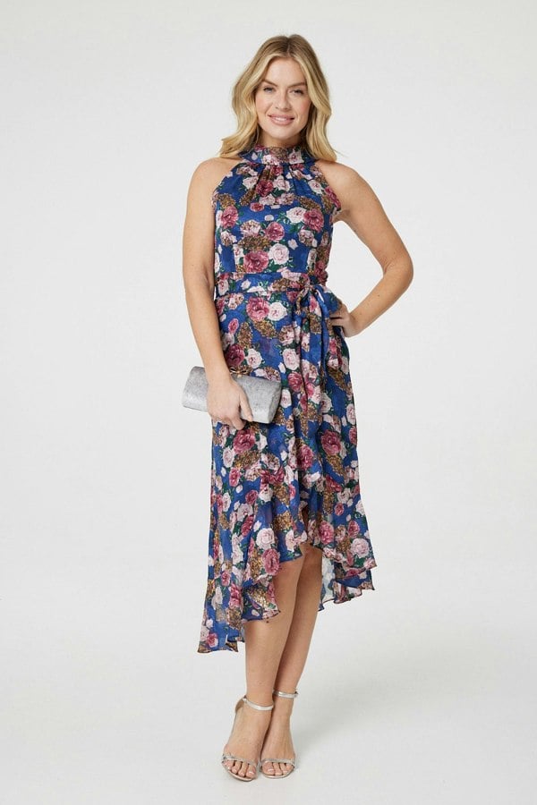 Blue | Floral Frill Hem Midi Halter Dress