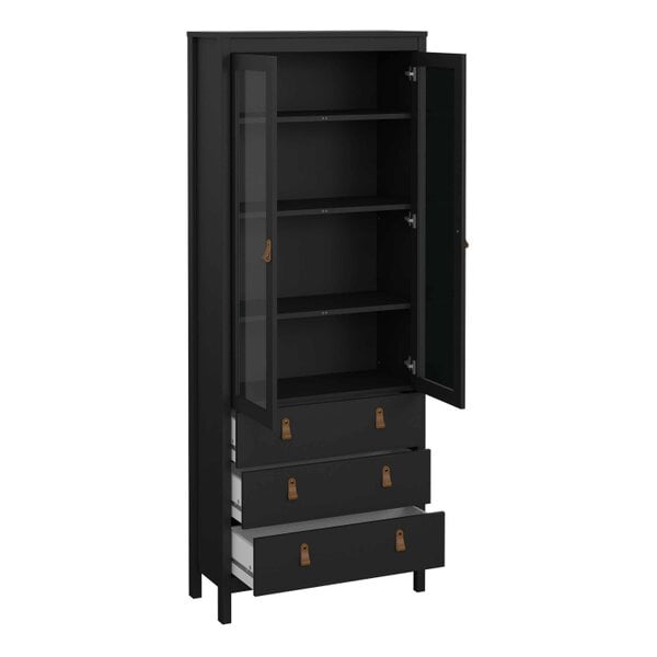 Wyld Haus Wildberry Matt Black Wooden China Cabinet 2 Glass Doors with 3 Drawers Leather Handles