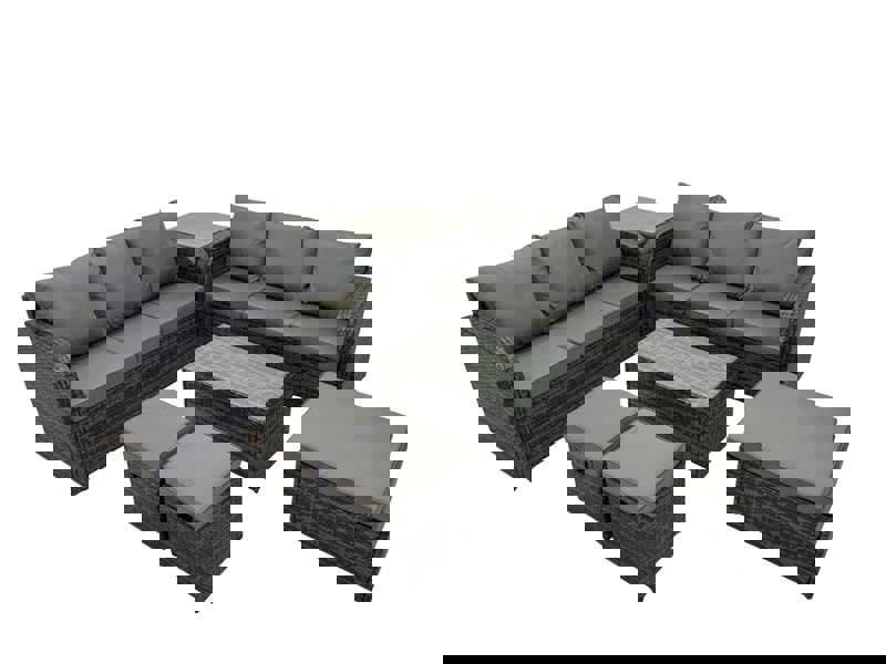 Fimous Outdoor 3 Seater Sofa Coffee Table Set Garden Rattan Furniture Set 9 Seater with 3 Stool Side Table Dark Grey