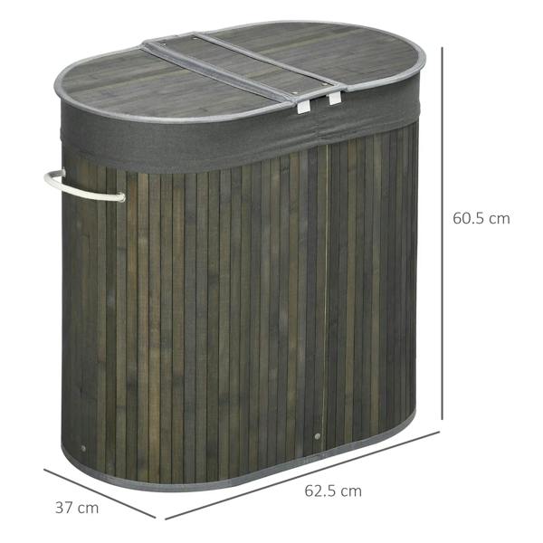 Grey bamboo laundry basket with lid and side carrying handles, round hamper