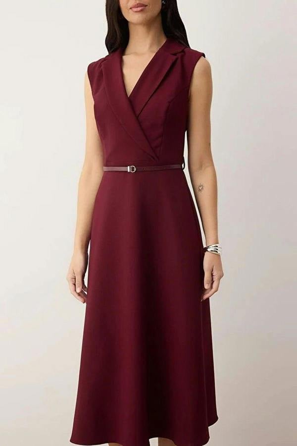 WOVCOR Belt Detail Midi Woven Dress