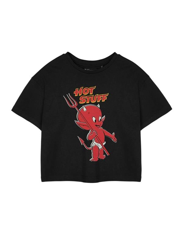 Hot Stuff Womens Black Hot Stuff Crop Cropped Short Sleeved T-Shirt