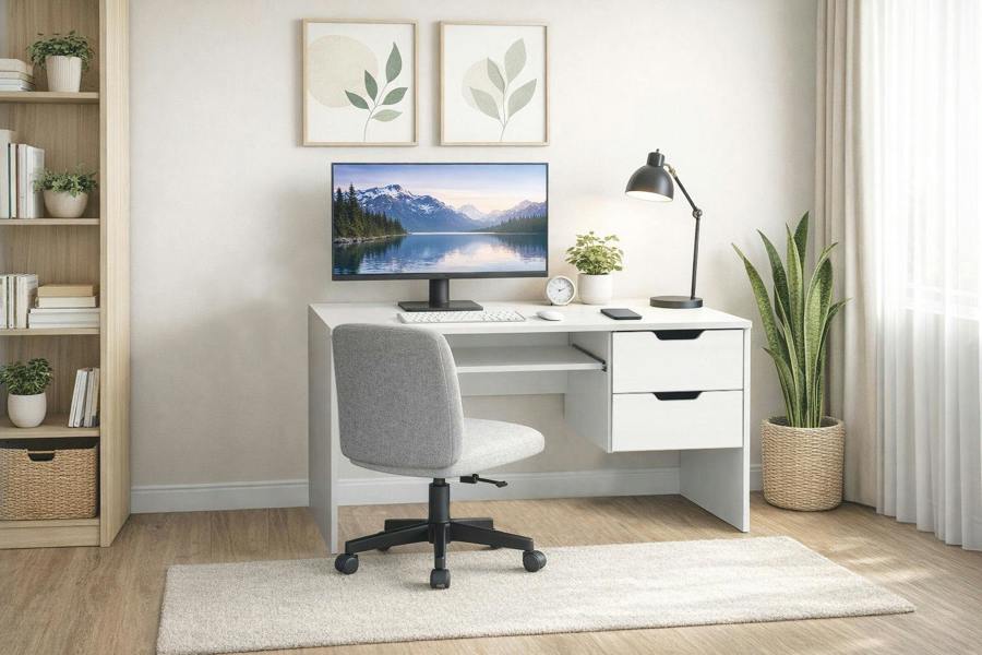Kudlhome Modern Home Office Desk with Storage Drawers, White