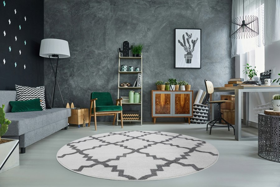 RugsX Sketch Circular Rug - White & Grey Quatrefoil