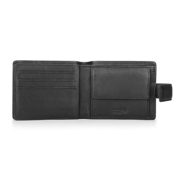 Open view of Black leather wallet on a white background