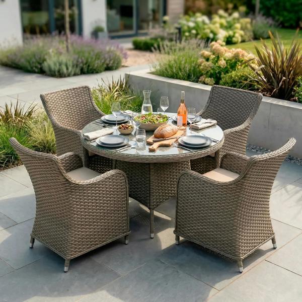 Dellonda Chester 5-Piece Rattan Wicker Outdoor Dining Set with Tempered Glass Table Top, Brown - DG84