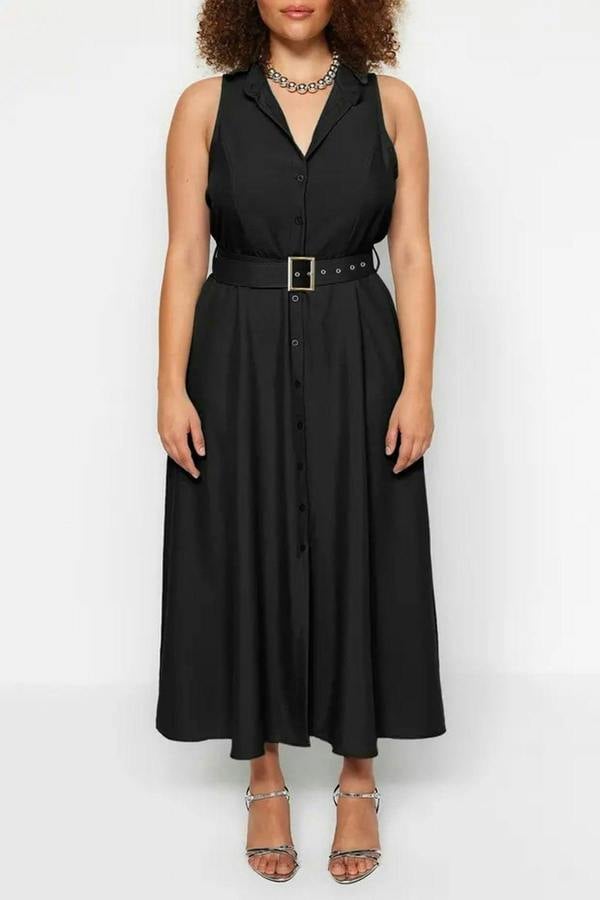WOVCOR Belted Woven Shirt Dress