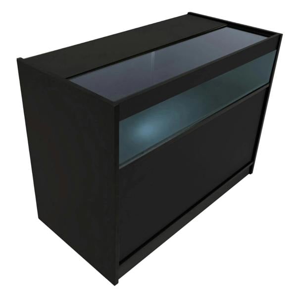Sleek black Hyperion LED shop counter set with glass display top, featuring a modern design and illuminated storage area