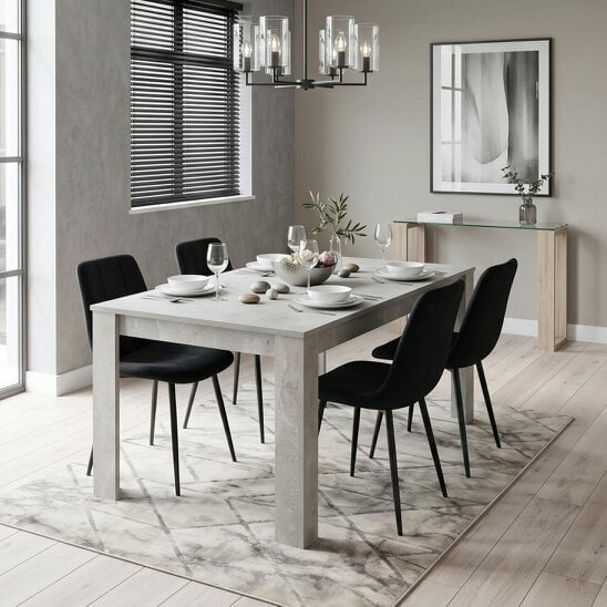 Kosy Koala Stone Grey Effect Wood Dining Table Set with 4 Black Velvet Chairs Modern Dining Room Furniture