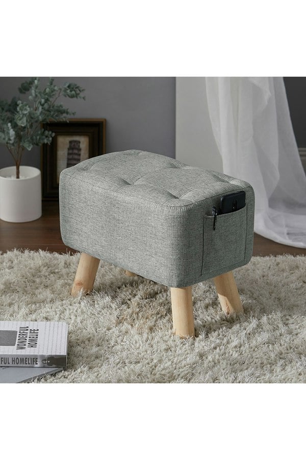 Living and Home Grey Linen Fabric Footstool Pouffe Ottoman with Pocket