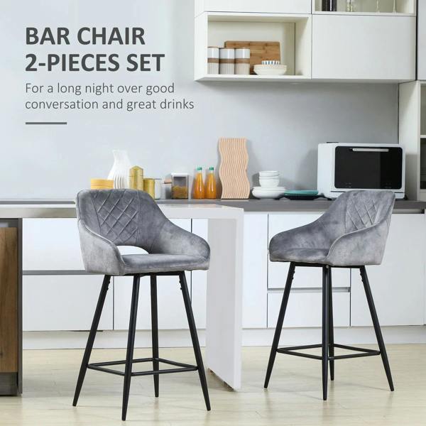 Two-piece set of grey upholstered bar chairs with diamond back and black legs