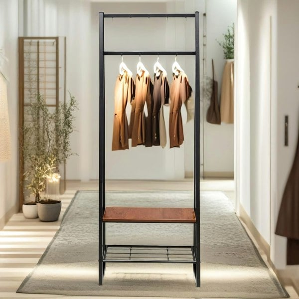 Rafaelo Mobilia Industrial Hall Tree Coat Rack Stand With 2 Shoe Storage Shelves Brown