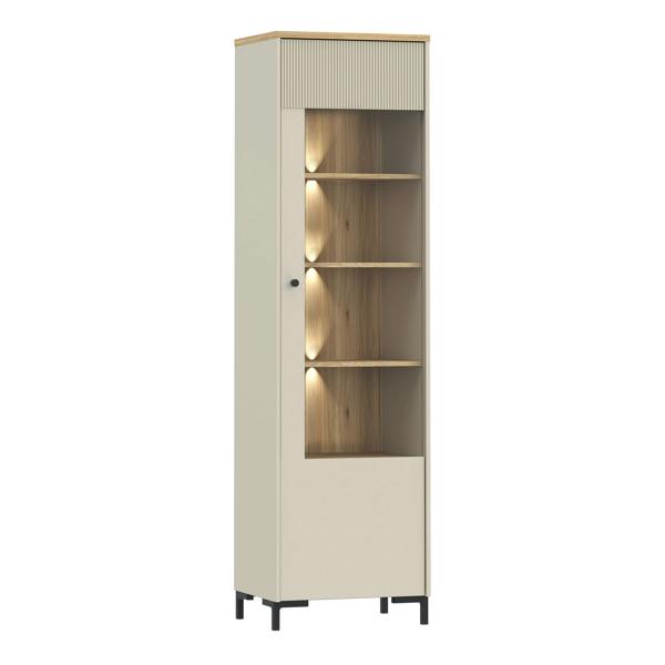 Furniture To Go Bixbite Tall Display Cabinet with Fluted Detail, Door & Open Shelving in Mauvella Oak and Sand