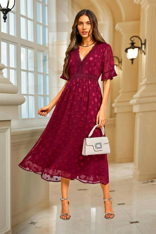 FS Collection Polka Dot Jacquard Long Sleeve Lace Trim V Neck Maxi Dress In Wine