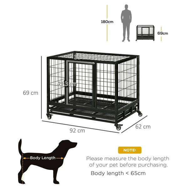 Black heavy-duty metal dog crate with size diagram and body length note