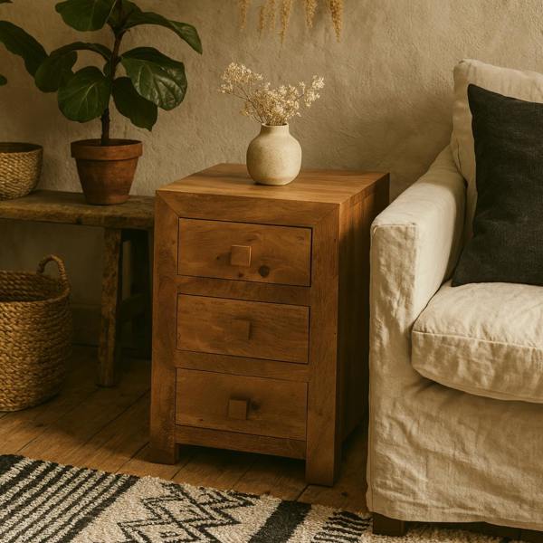 Wyld Haus Manila Light Mango Wood Modern 3 Drawer Bedside Table