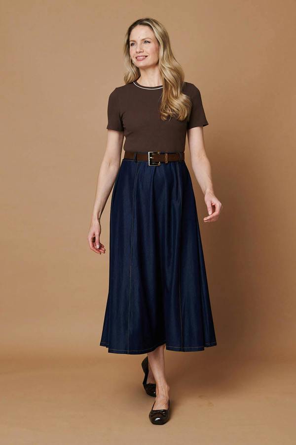 Brown | Removable Belt Denim Skirt Midi Dress