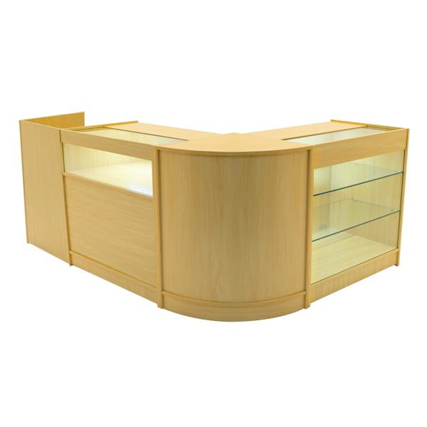 Polaris LED Shop Counter Set in maple finish, featuring sleek curved edges, glass display shelves, and integrated lighting for visibility
